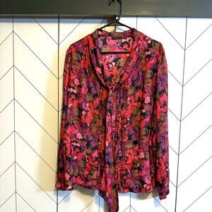 Semantiks Women’s 18 W Pink Floral Satin Pleated Long Sleeve Button Tie Blouse